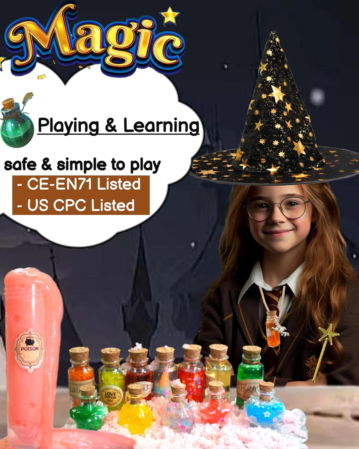 Potion Kits for Kids, Magic Making Set 50+ Mixie with Bottles Hat Glasses & Invisible Pen, Mystery Box Fairy Craft Toy for Girls Boy Age 6 7 8 9 10 11 12+