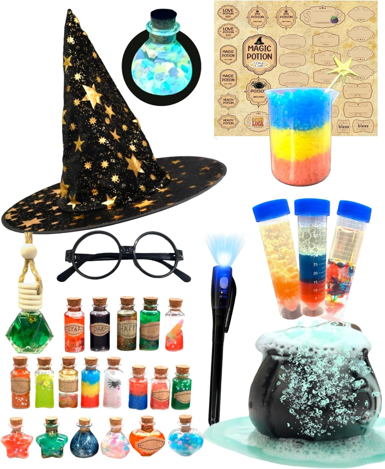 Potion Kits for Kids, Magic Making Set 50+ Mixie with Bottles Hat Glasses & Invisible Pen, Mystery Box Fairy Craft Toy for Girls Boy Age 6 7 8 9 10 11 12+