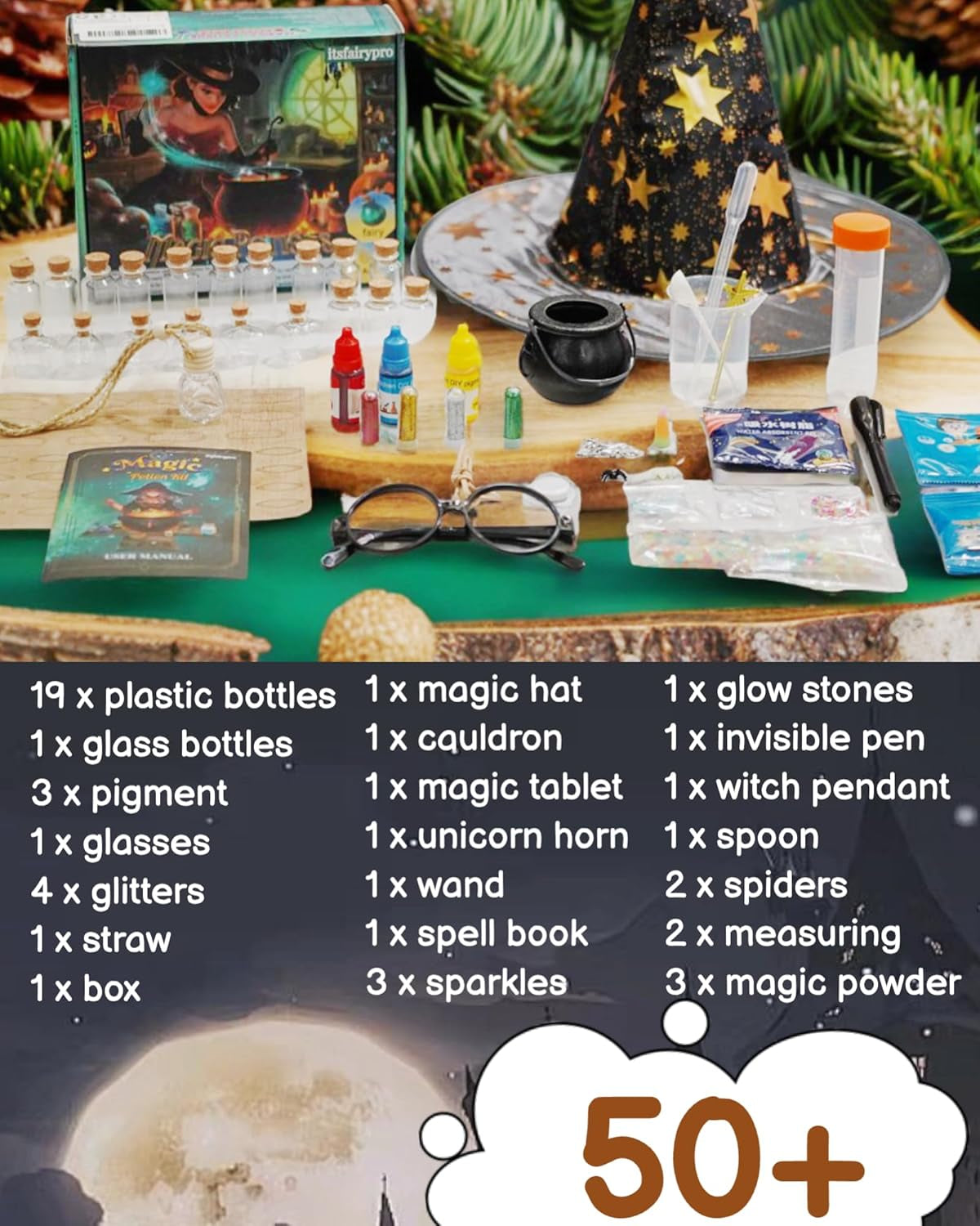 Potion Kits for Kids, Magic Making Set 50+ Mixie with Bottles Hat Glasses & Invisible Pen, Mystery Box Fairy Craft Toy for Girls Boy Age 6 7 8 9 10 11 12+